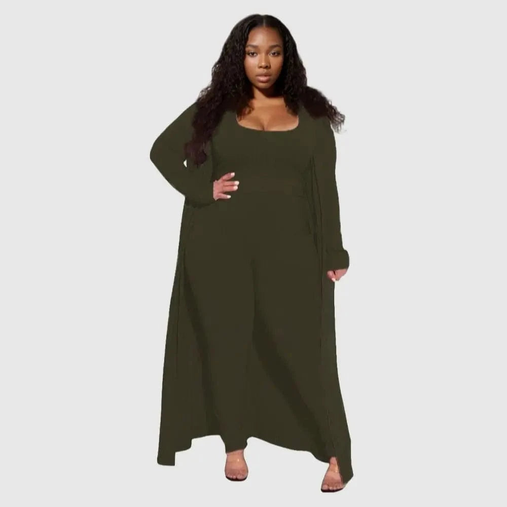 3 XL / Army Green E0110ME14 New Design Plus Size Loungwear Ribbed Good Stretch 3 Piece Basic Clothing Sets Women Sehe Fashion