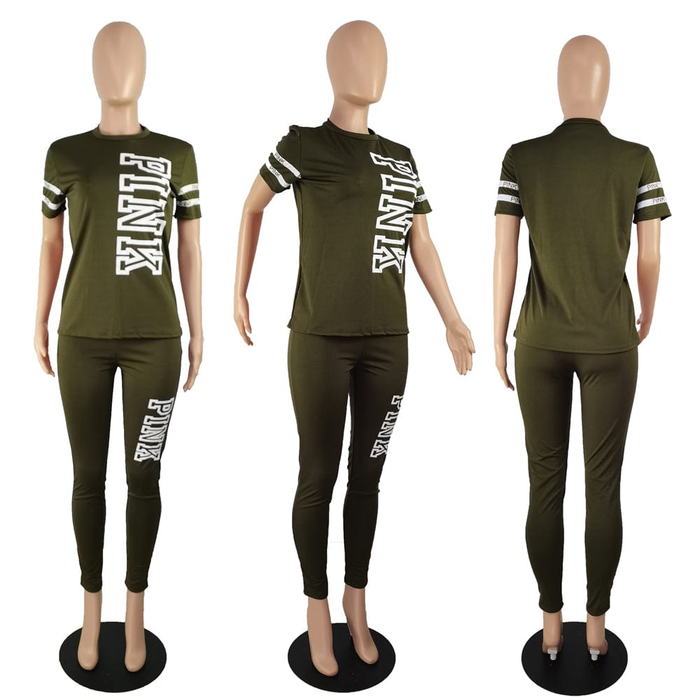 3 XL / Army Green Sweatsuit Sets Women Pink Letter 2 Piece Tracksuit Outfits Summer Sweat Sportswear Womens Sweatpants Two Piece Joggers Set