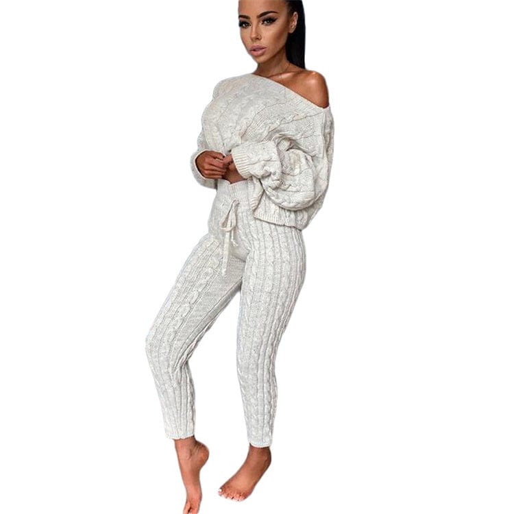 3 XL / Beige 2pcs/Set Autumn Winter Knitted Outfits Women Pant Suits Sexy One Shoulder Sweaters Skinny Pants Two Piece Set Women