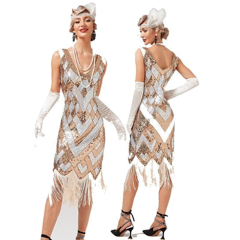 3 XL / Beige New Year 2023 Vintage 1920s Party Dress Great Gatsby Sequin Big V-Neck Flapper Costume Woman Tassel Dress Women Sexy Summer Suit