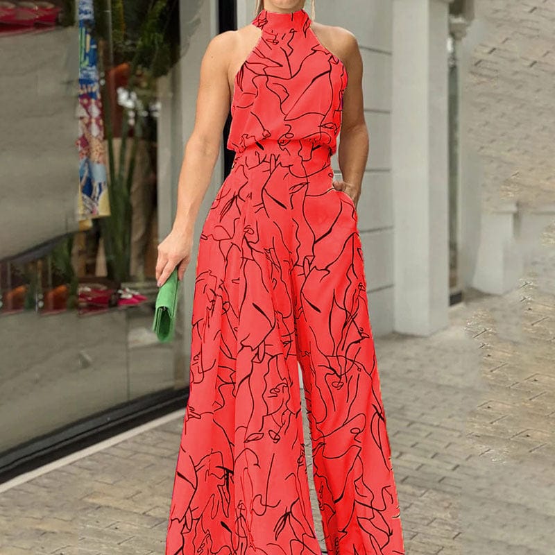 3 XL / Big red women bodysuit temperament elegant cinched waist strappy sleeveless halterneck wide leg pants ladies printed one piece jumpsuits