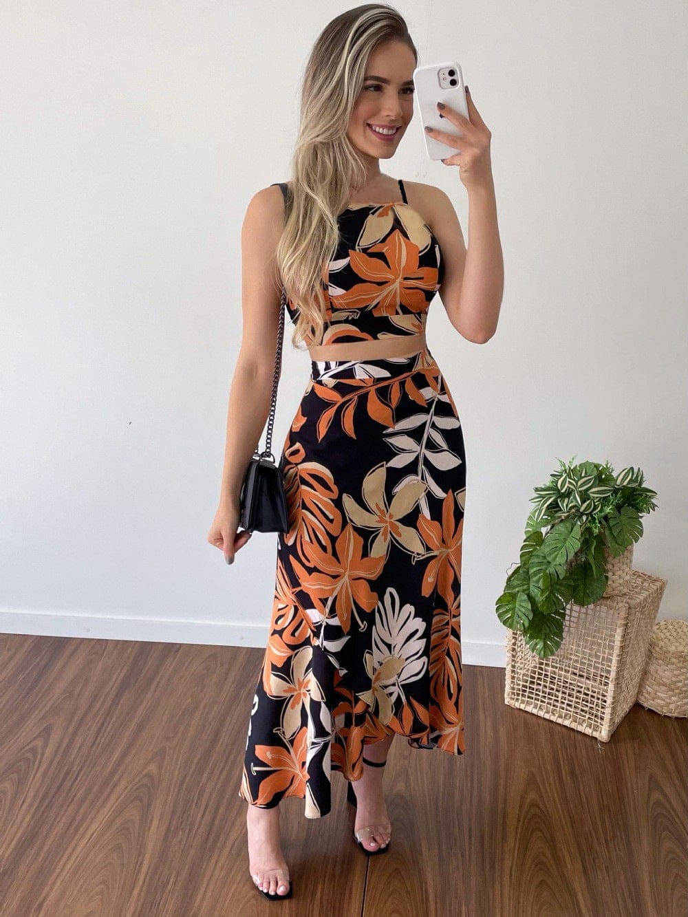 3 XL / black 2022 Summer Women's Sexy Camisole Print Swing Skirt Two-Piece Beach Skirt casual Suit