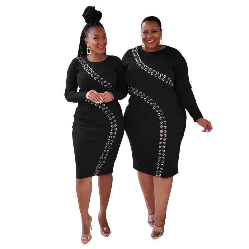 3 XL / black American Autumn and Winter New Hollow out Strap Fashion Sexy Tight Women's Dress For Fat Women