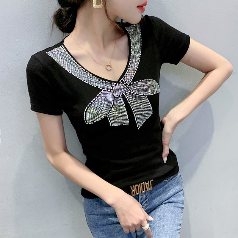 3 XL / black Black T-Shirt Women New V-neck Handmade Diamonds Beading Bow Sexy Transparent Back Women Tops Tees Short Sleeve Summer T25601