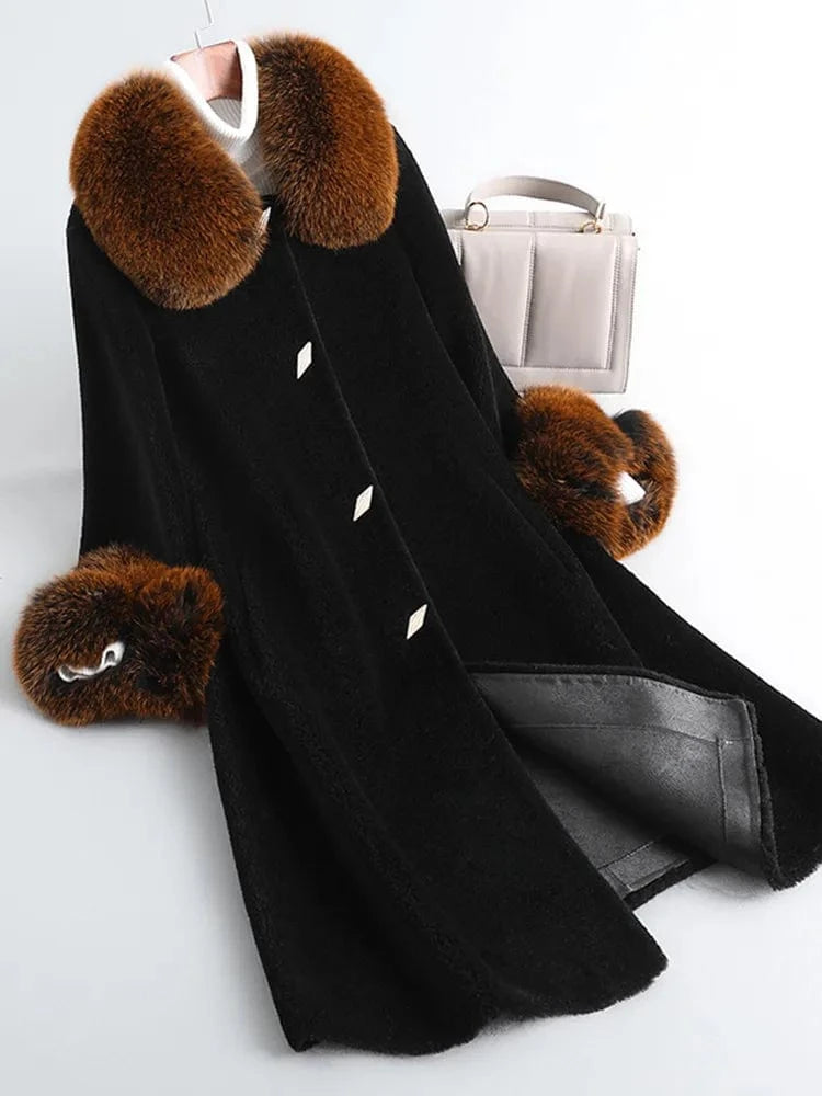3 XL / Black-brown PUDI Winter Woman Real Fox Fur Wool Coat Jacket Female Long Sheep Shearing Over Size Black Trench Parka CT1100