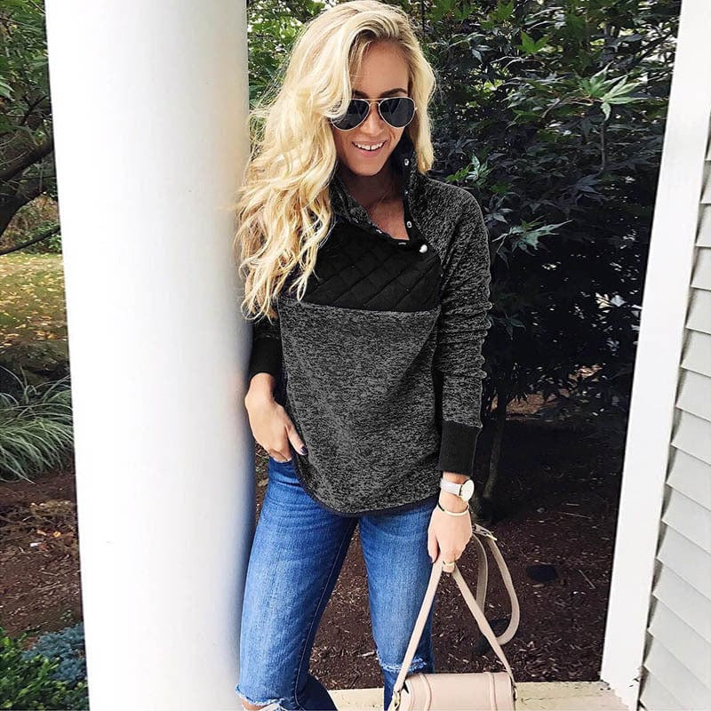 3 XL / black Ecowalson Women's Warm Long Sleeves Oblique Button Neck Splice Geometric Pattern Fleece Pullover Coat Sweatshirts Outwear