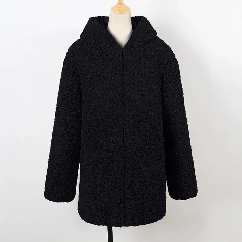 3 XL / Black New Fashion Fleece Fuzzy Short Wool Coat Women Faux Fur Jacket Teddy Coat with Hooded