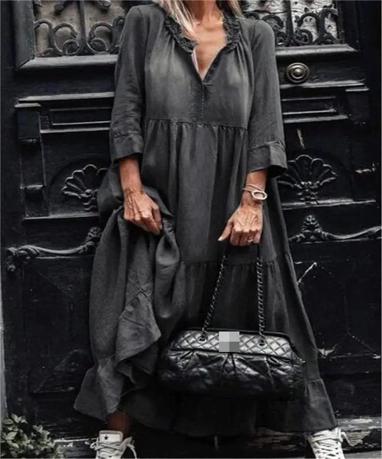 3 XL / Black New Hot Selling Wholesale Solid Color V-Neck Drawstring Denim Big Swing Medium Long sleeved Jeans Dress