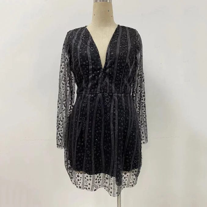 3 XL / Black OEM Factory Hot Selling Sequin Foil Print Deep V-neck Sexy Short Women Dress