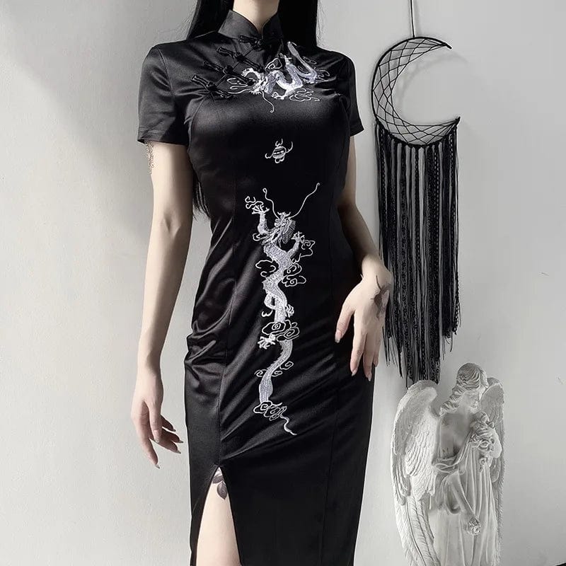 3 XL / Black S-3XL Dark Wind Hip Hop Button Large Size Long Dress Improved Hip Hop Embroidered Qipao Slim Fit Dress