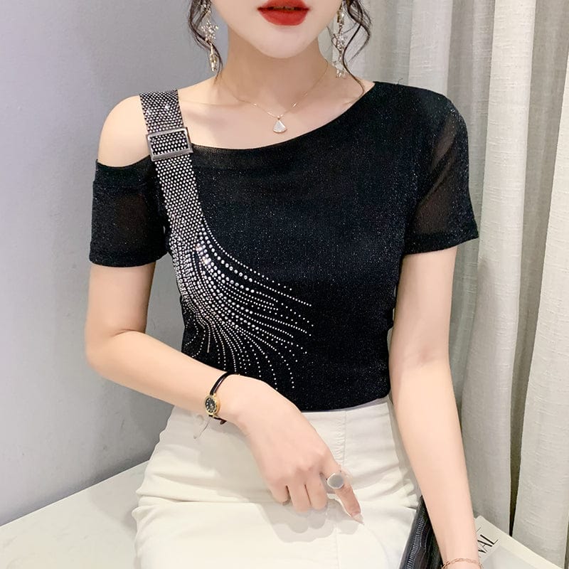 3 XL / black Sexy Off-shoulder T-Shirt Women New Handmade Diamonds Beading Women Tops Tees Slim Stretchy Short Sleeve Summer T25910