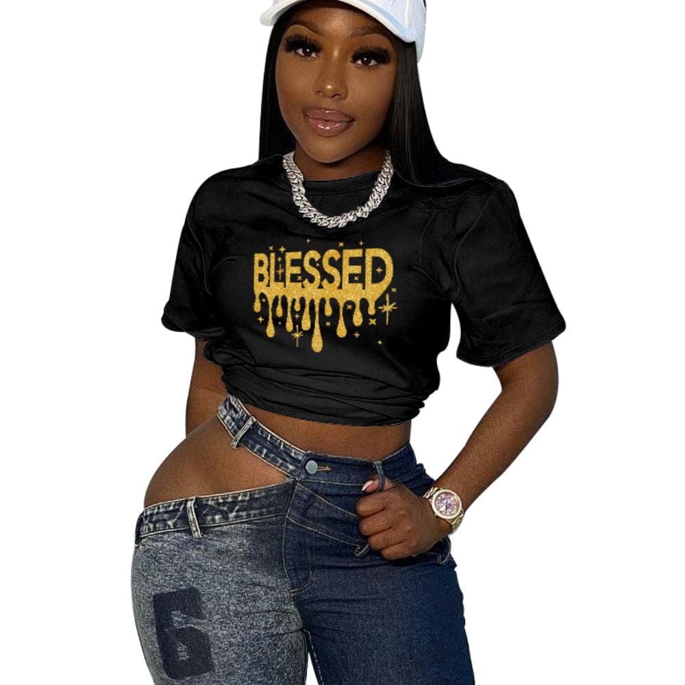 3 XL / black Trendy Women Clothes Womens Casual Summer Printed Tops Round Neck Short Sleeve Blouses