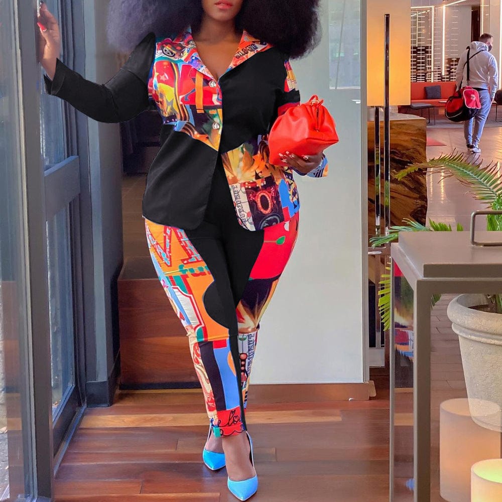 3 XL / black Wholesale Patchwork Print Plus Size Fall Casual Two Piece Set for Women Oversize Autumn Long Sleeve Ladies Clothing Suit