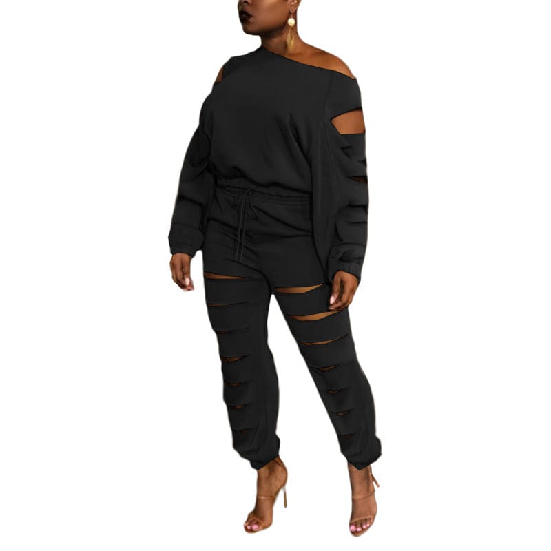 3 XL / black Women's fashion solid color hollow loose casual sloping shoulder sweater two-piece set