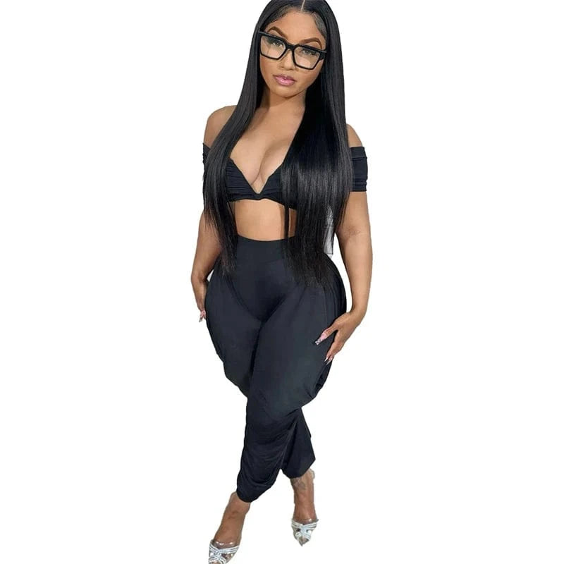 3 XL / Black women's sexy club summer wear 2024 new arrivals trend product pleated 2 piece pants set outfit clothing clothes for lady 2024