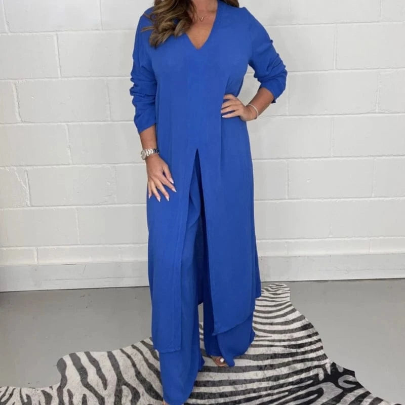 3 XL / Blue 2023 New Fashion Casual Comfortable Elegant Two Piece Split Long Shirt And Pants Sets Women