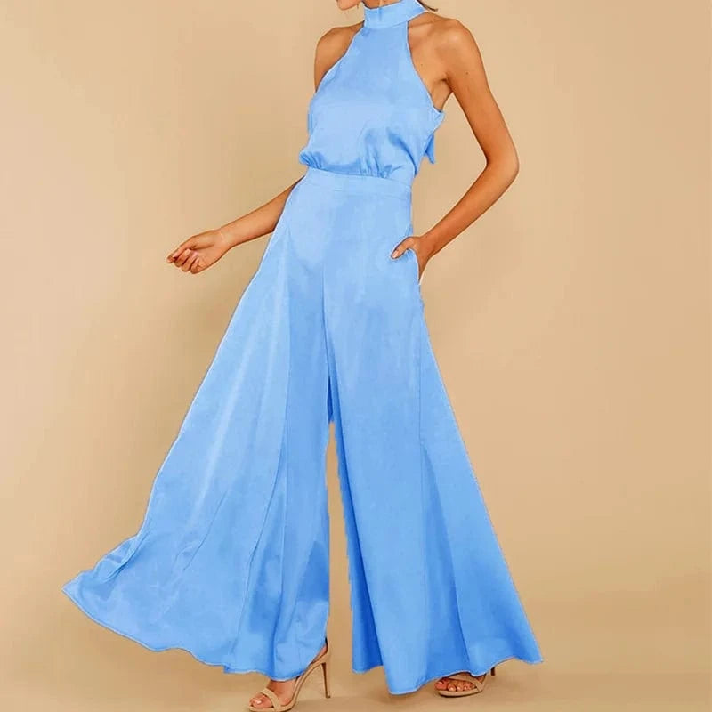 3 XL / Blue fashion jumpsuit women spring summer off-the-shoulder high-waist one-piece wide-leg pants women