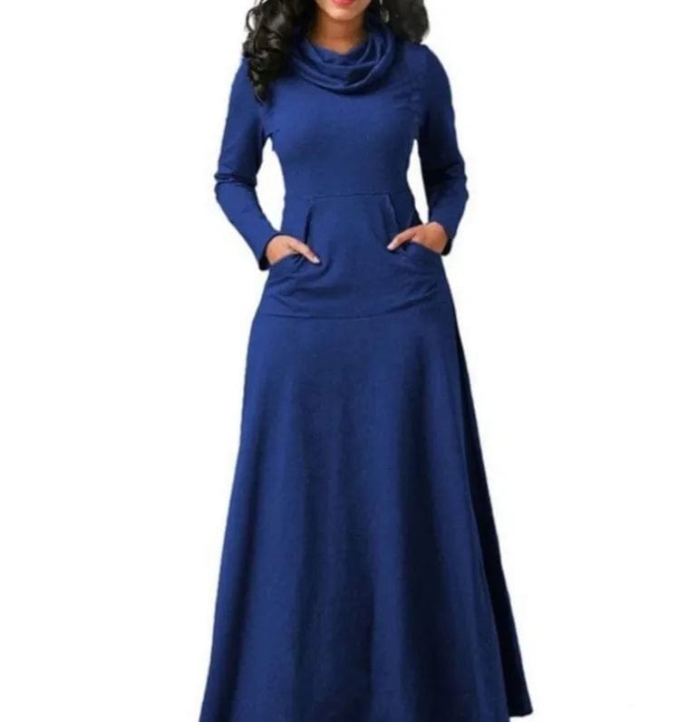 3 XL / Blue New Popular Autumn Winter Fashion Casual Pocket Large Size Long Sleeve Solid Color Long Dress 2023