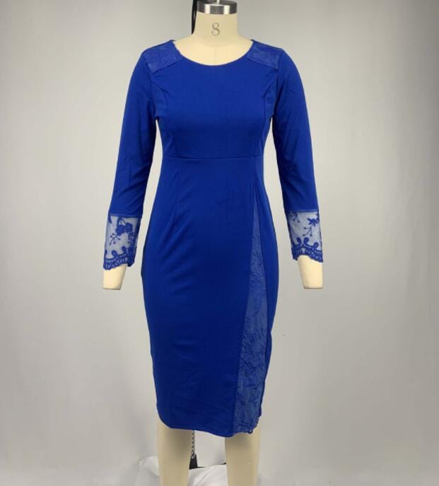3 XL / Blue Red O Neck Petal Sleeve Lace Patchwork Slim Big Size Lady Career Dress