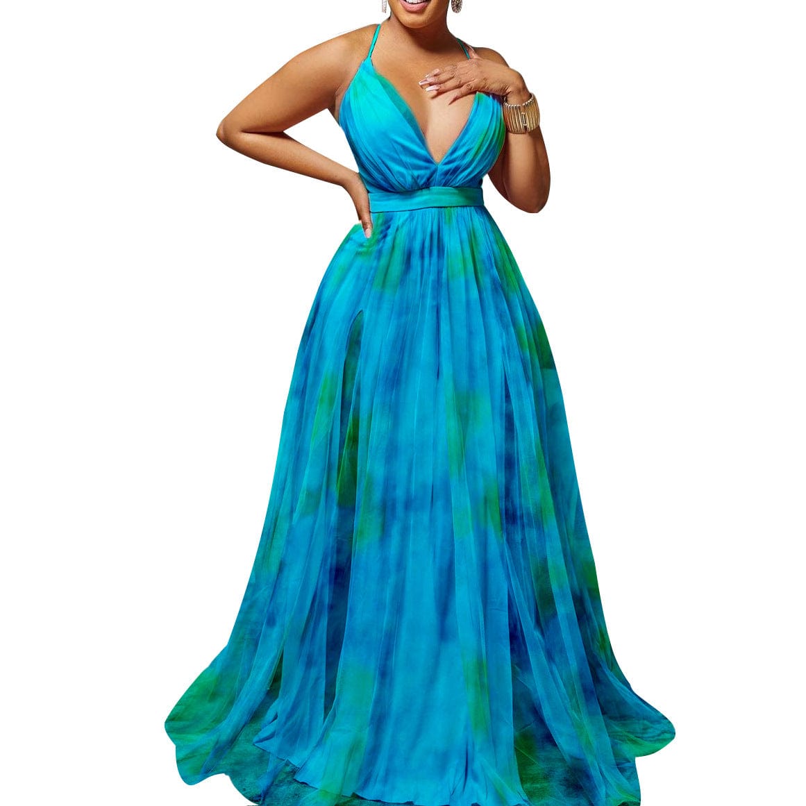 3 XL / Blue S to 3XL Casual Tie Dye Women Spaghetti Strap V-neck Big Swing Fit Flare Maxi Long Dress 2023 Party Prom Sexy Elegant Dresses