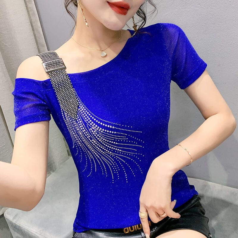 3 XL / Blue Sexy Off-shoulder T-Shirt Women New Handmade Diamonds Beading Women Tops Tees Slim Stretchy Short Sleeve Summer T25910