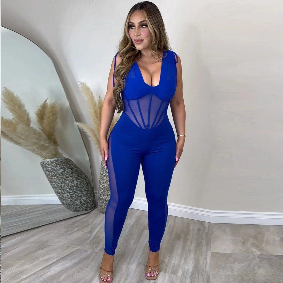 3 XL / Blue Sexy solid v neck tight evening party women snatched jumpsuit with corset