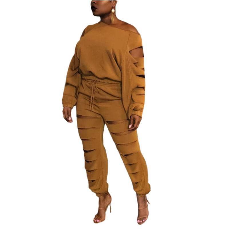 3 XL / Brown Women's fashion solid color hollow loose casual sloping shoulder sweater two-piece set
