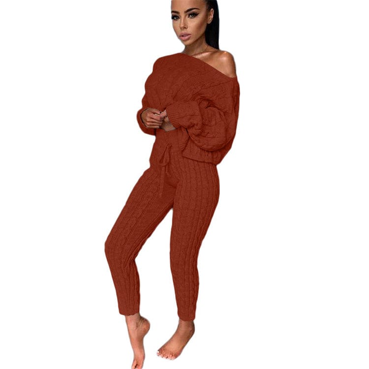 3 XL / Burgundy 2pcs/Set Autumn Winter Knitted Outfits Women Pant Suits Sexy One Shoulder Sweaters Skinny Pants Two Piece Set Women