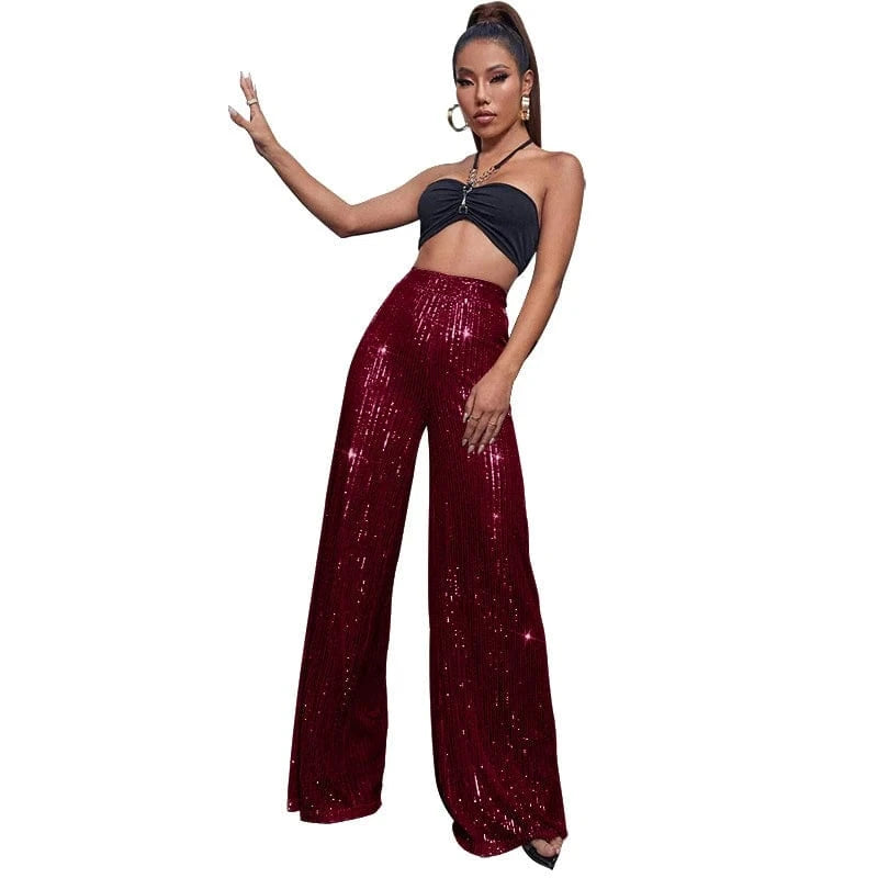 3 XL / Burgundy elegant y2k ladies female shiny orange red white hot pink sequin dance party pants summer women high waist flare pants for women