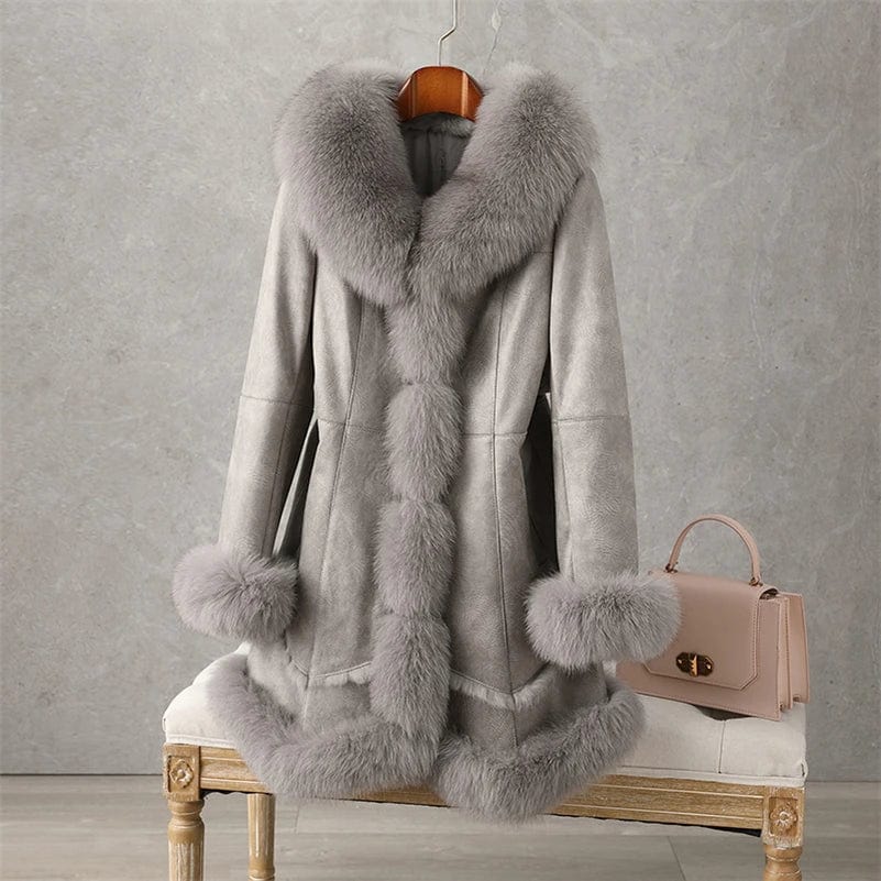 3 XL / Camel PUDI Women Winter Fur Coat Lady Fox Collar Rabbit Lining Leisure Long Jacket Trench CT188