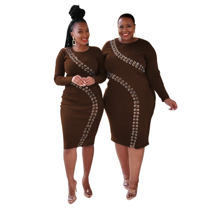 3 XL / Coffee American Autumn and Winter New Hollow out Strap Fashion Sexy Tight Women's Dress For Fat Women