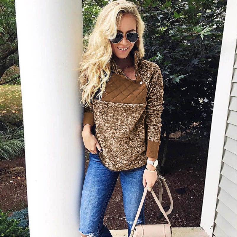 3 XL / coffee Ecowalson Women's Warm Long Sleeves Oblique Button Neck Splice Geometric Pattern Fleece Pullover Coat Sweatshirts Outwear