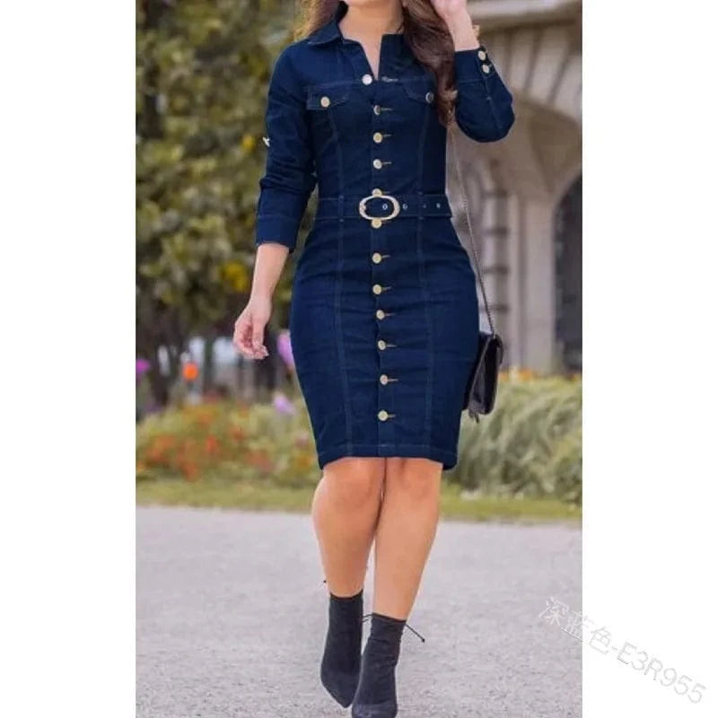 3 XL / Dark blue Sexy Fashion multi-button decorative lapel single-breasted long slim long sleeve Denim goddess dress