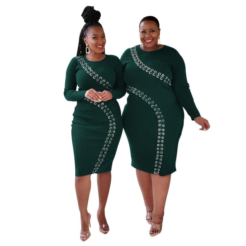 3 XL / Dark green American Autumn and Winter New Hollow out Strap Fashion Sexy Tight Women's Dress For Fat Women