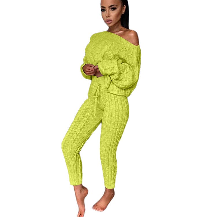 3 XL / fluorescent green 2pcs/Set Autumn Winter Knitted Outfits Women Pant Suits Sexy One Shoulder Sweaters Skinny Pants Two Piece Set Women