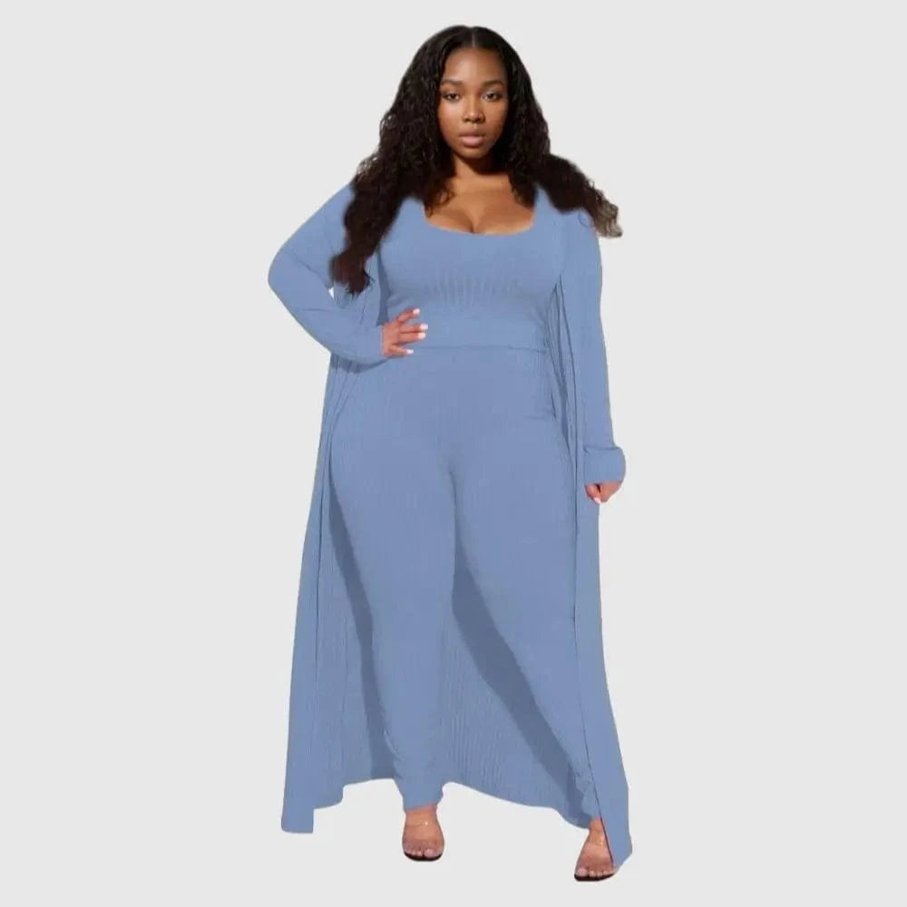 3 XL / fog blue E0110ME14 New Design Plus Size Loungwear Ribbed Good Stretch 3 Piece Basic Clothing Sets Women Sehe Fashion