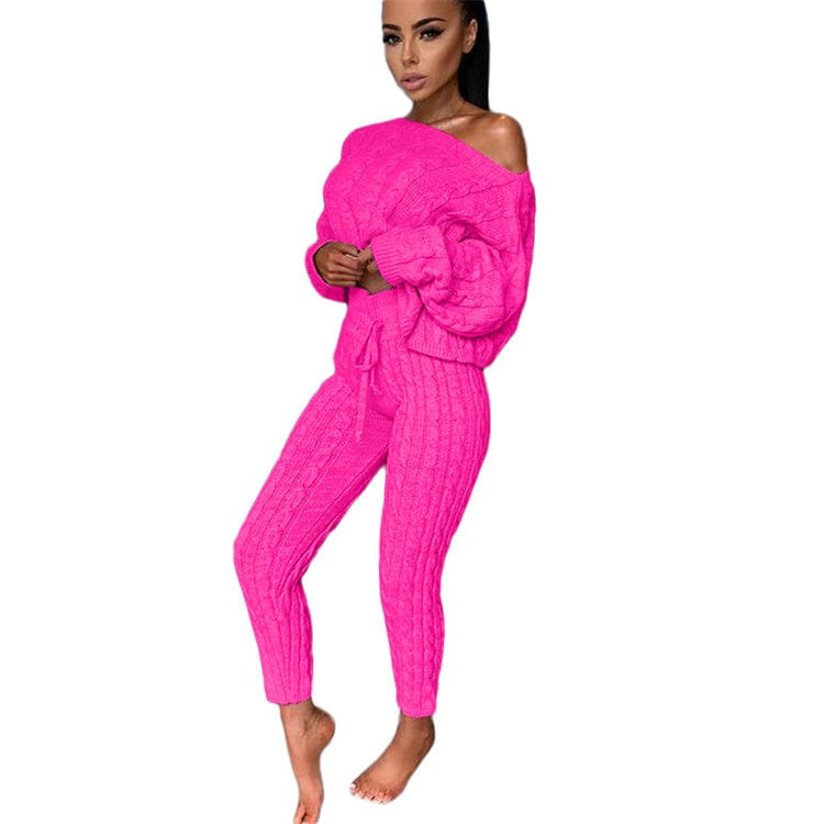 3 XL / Fuchsia 2pcs/Set Autumn Winter Knitted Outfits Women Pant Suits Sexy One Shoulder Sweaters Skinny Pants Two Piece Set Women