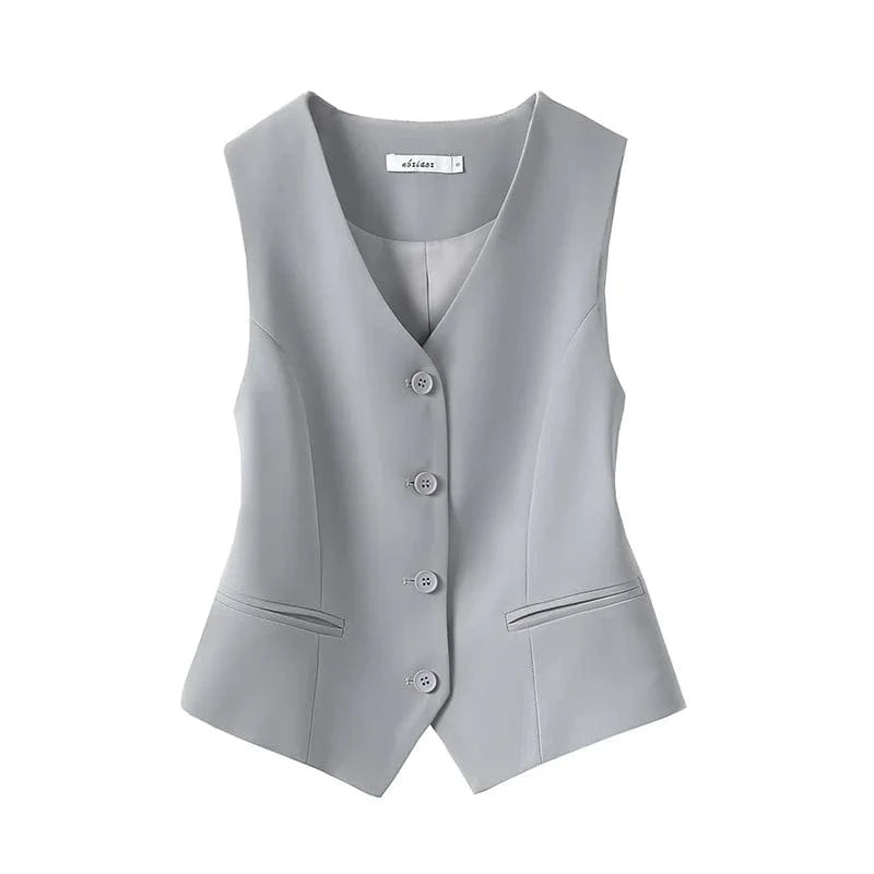 3 XL / Gray 2023 Women New Fashion Jacket Short Small Spring Autumn Vest Button Pocket Jacket V-Neck Small Sleeveless Lady Waistcoat