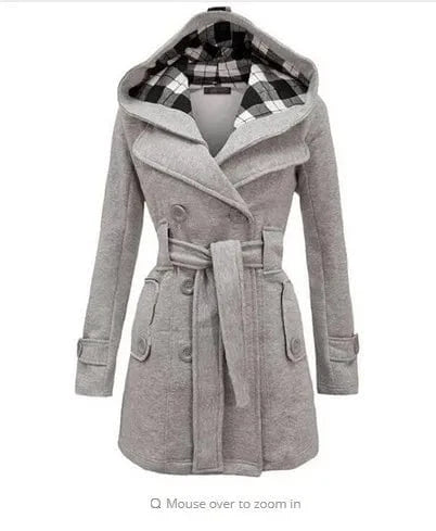 3 XL / Gray Autumn Winter Woollen Long Sleeve Double Breasted Long Coat Women Plaid Hooded Jacket Fashion Slim Overcoat E8753
