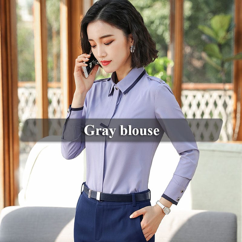 3 XL / Gray blouse OEM Front Tie Shirts for Women Contrast Sleeve Blouse Work Wear Office Lady Bow Female Ruffle Tops Chemise