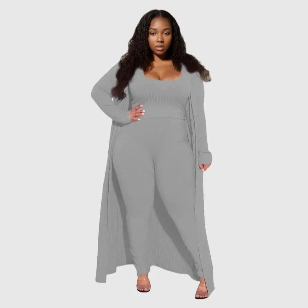 3 XL / Gray E0110ME14 New Design Plus Size Loungwear Ribbed Good Stretch 3 Piece Basic Clothing Sets Women Sehe Fashion