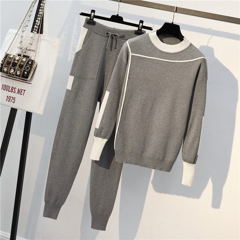 3 XL / Gray Fashion fall ladies lounge wear patchwork color block sweater and jogger set women casual knitted pant 2 two piece sweater sets