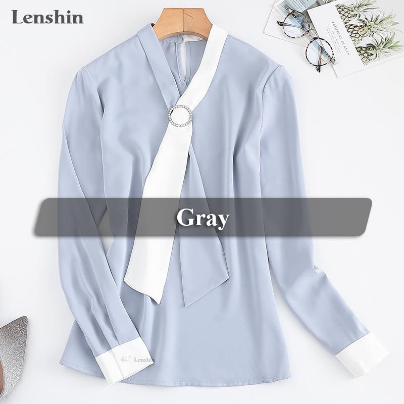 3 XL / Gray Lenshin V-neck Collar Tie Shirts for Women Blouse with Bow Work Wear Office Lady Female Tops Chemise Loose Fashion Style