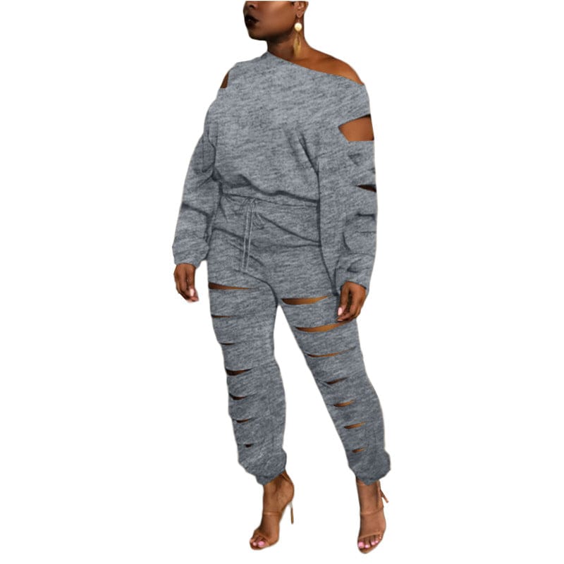3 XL / Gray Women's fashion solid color hollow loose casual sloping shoulder sweater two-piece set