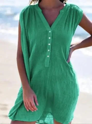3 XL / green 2024 New Fashion Spring Summer Best-Selling Women's Solid Color V-neck Shirt Dress Cardigan Sleeveless Midi Dresses