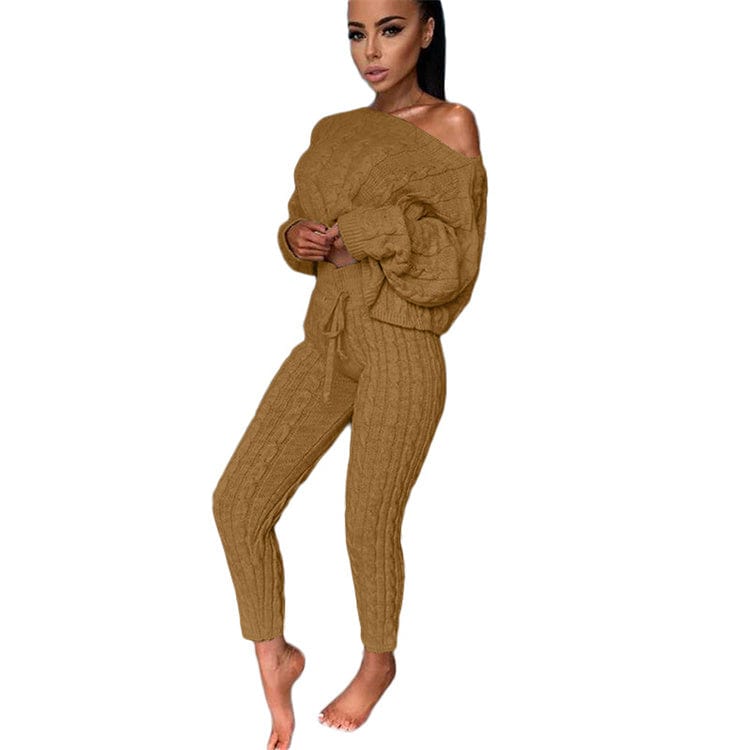 3 XL / Khaki 2pcs/Set Autumn Winter Knitted Outfits Women Pant Suits Sexy One Shoulder Sweaters Skinny Pants Two Piece Set Women