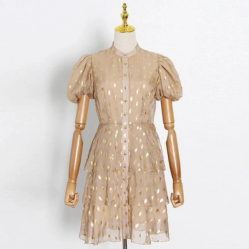 3 XL / Khaki CHICEVER Fashion Bubble Sleeve Dot Multi-Layer Hem Casual Dress Mini Dresses Women 2023