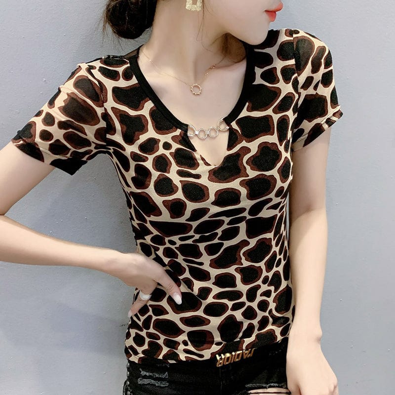 3 XL / Leopard Sexy Mesh T-shirt Women Summer Print Leopard O-neck Hollow Out Transparent Back Slim Stretchy Tops Tees Short Sleeve T25605