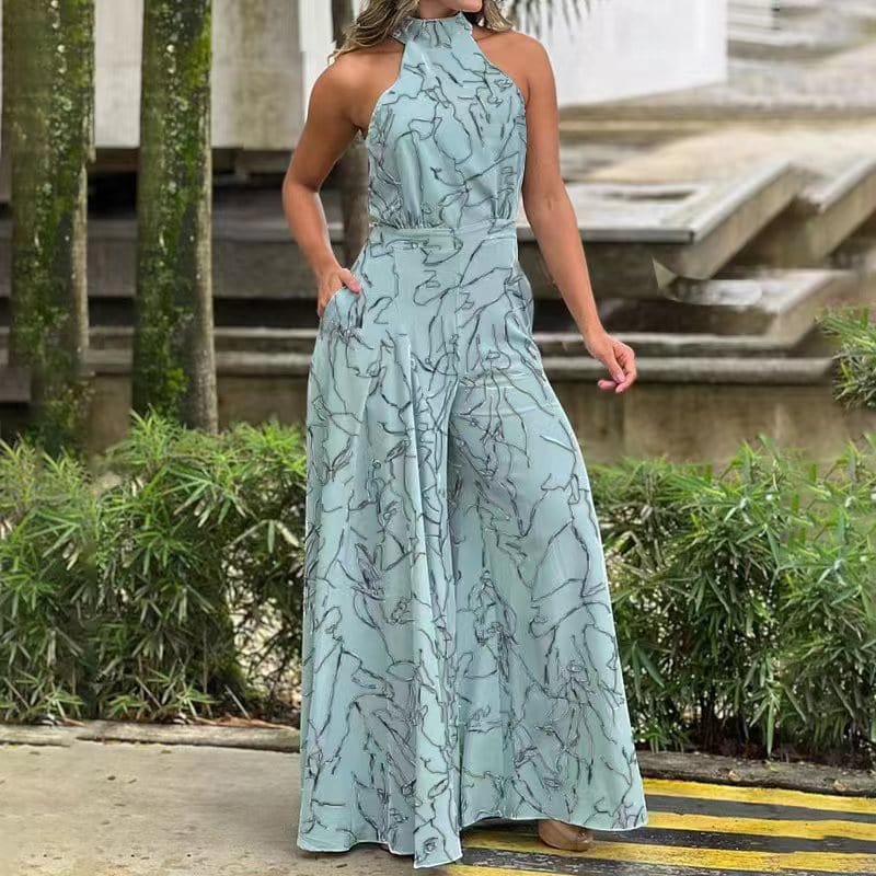 3 XL / Light blue + black lines women bodysuit temperament elegant cinched waist strappy sleeveless halterneck wide leg pants ladies printed one piece jumpsuits
