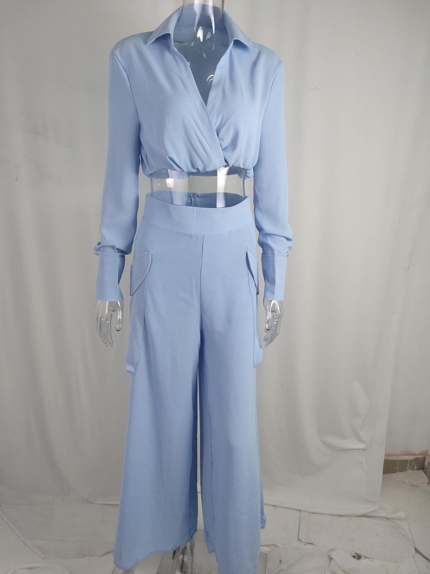 3 XL / Light Blue Europe and the United States Autumn and Winter Women's INS solid color loose fashion casual 2 pieces set